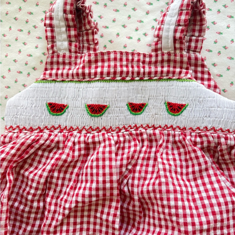 Carriage Boutique Red Gingham Smocked Dress Set Watermelon Embroidery